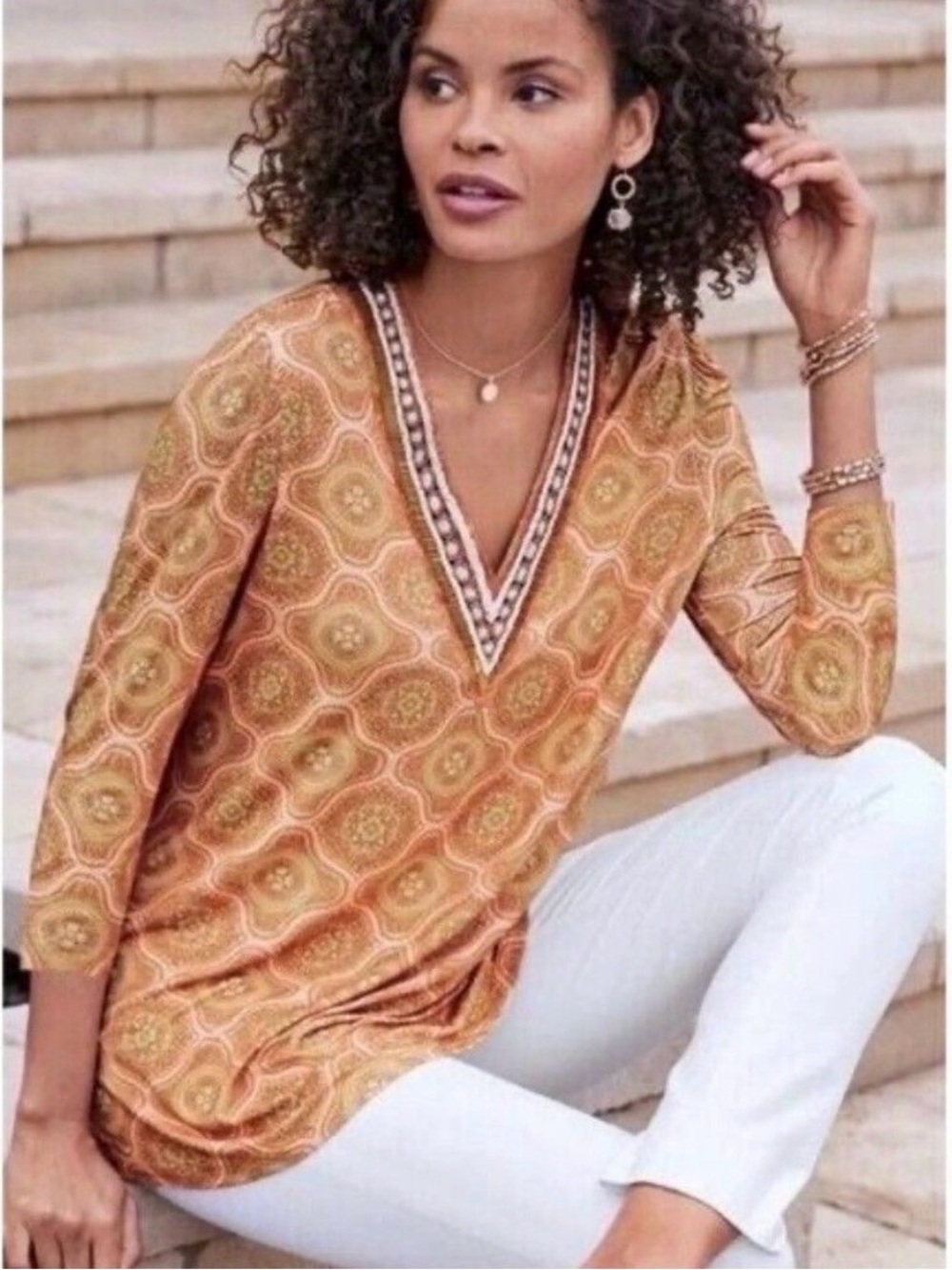 Soft Surroundings Orange V-Neck Long Beaded Lillia Tunic Top-Soft Pink Medallion